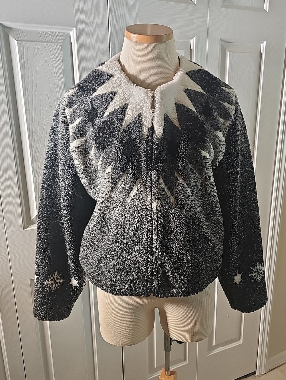 Unbranded Starburst Sherpa Fleece Jacket Womens L Black White‎ Winter Y2K Zip Up